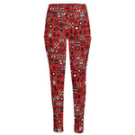 Red Adinkra Tribe Symbols Print High-Waisted Pocket Leggings