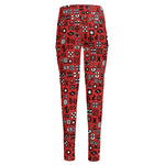 Red Adinkra Tribe Symbols Print High-Waisted Pocket Leggings