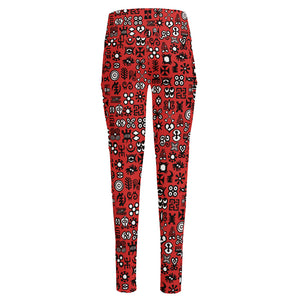 Red Adinkra Tribe Symbols Print High-Waisted Pocket Leggings