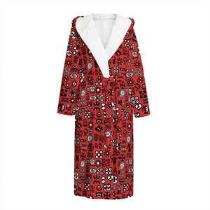 Red Adinkra Tribe Symbols Print Hooded Bathrobe