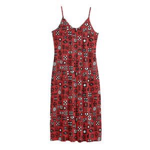 Red Adinkra Tribe Symbols Print Jersey Midi Cami Dress