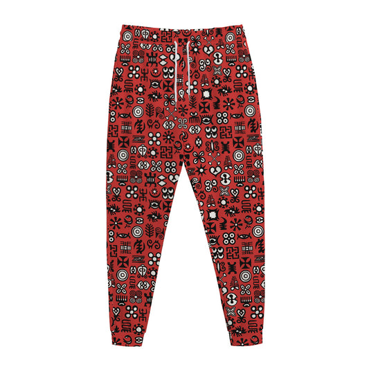 Red Adinkra Tribe Symbols Print Jogger Pants