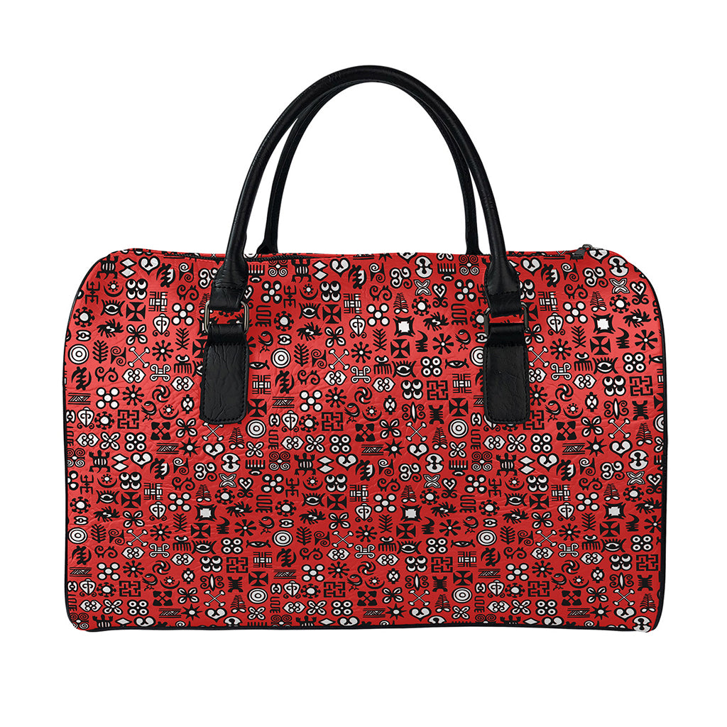 Red Adinkra Tribe Symbols Print Leather Duffle Bag