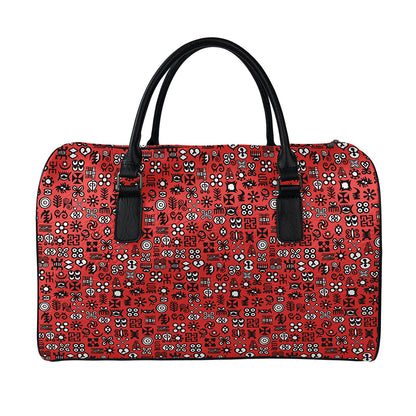 Red Adinkra Tribe Symbols Print Leather Duffle Bag