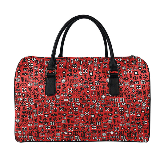 Red Adinkra Tribe Symbols Print Leather Duffle Bag