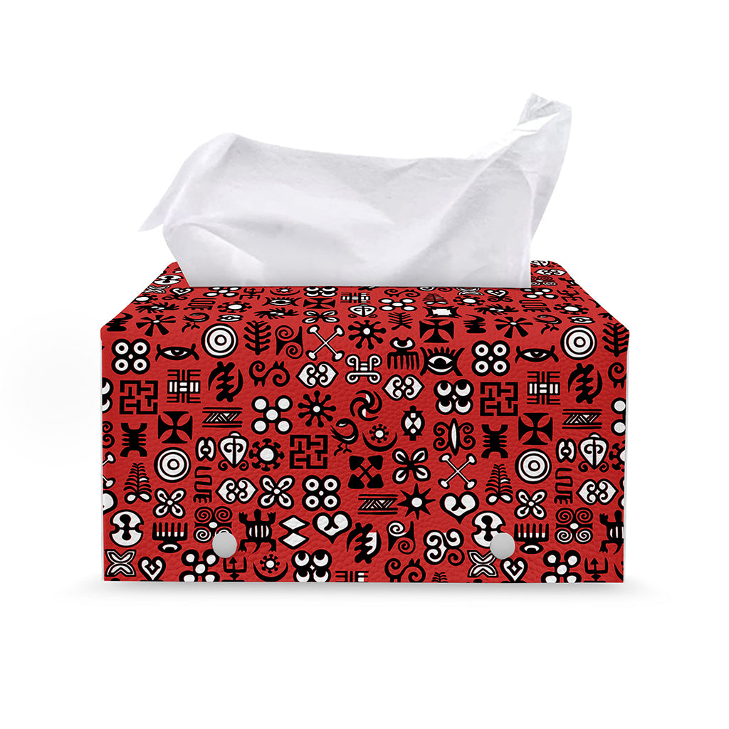 Red Adinkra Tribe Symbols Print Leather Tissue Box Cover