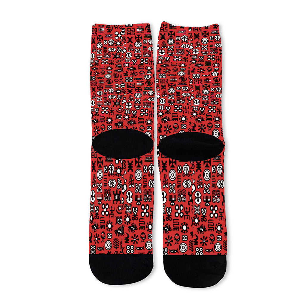 Red Adinkra Tribe Symbols Print Long Socks