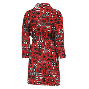 Red Adinkra Tribe Symbols Print Men's Bathrobe