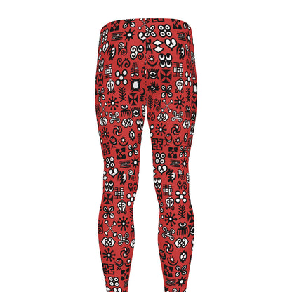 Red Adinkra Tribe Symbols Print Men's leggings