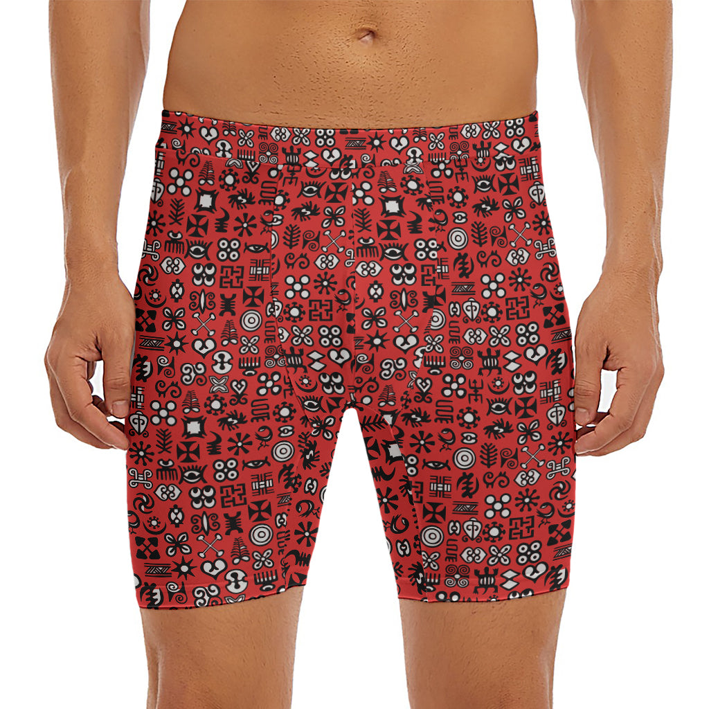 Red Adinkra Tribe Symbols Print Men's Long Boxer Briefs