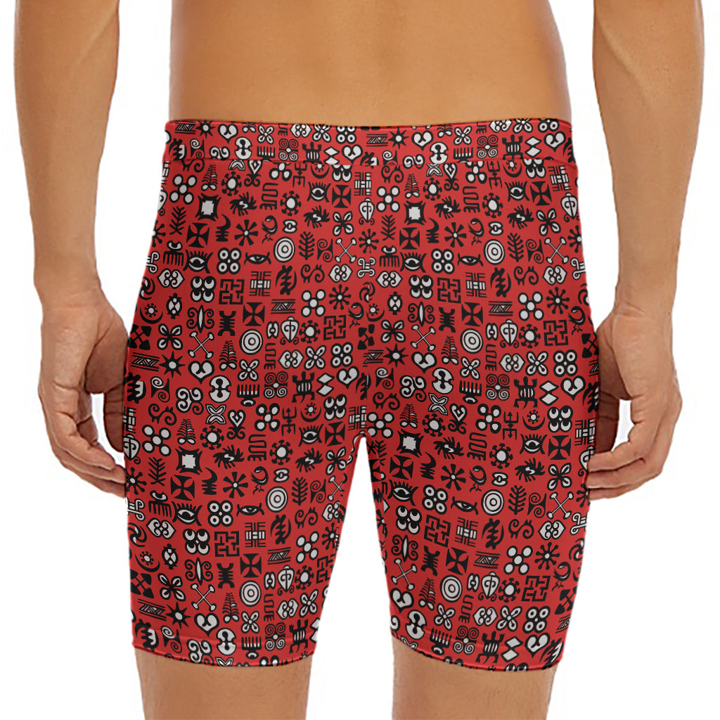 Red Adinkra Tribe Symbols Print Men's Long Boxer Briefs