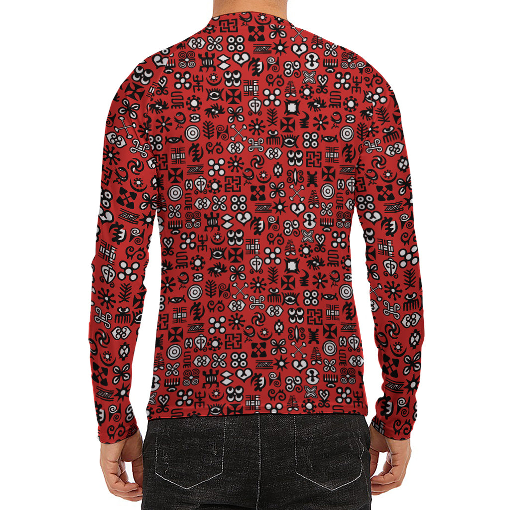 Red Adinkra Tribe Symbols Print Men's Long Sleeve Rash Guard