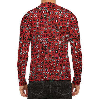 Red Adinkra Tribe Symbols Print Men's Long Sleeve Rash Guard