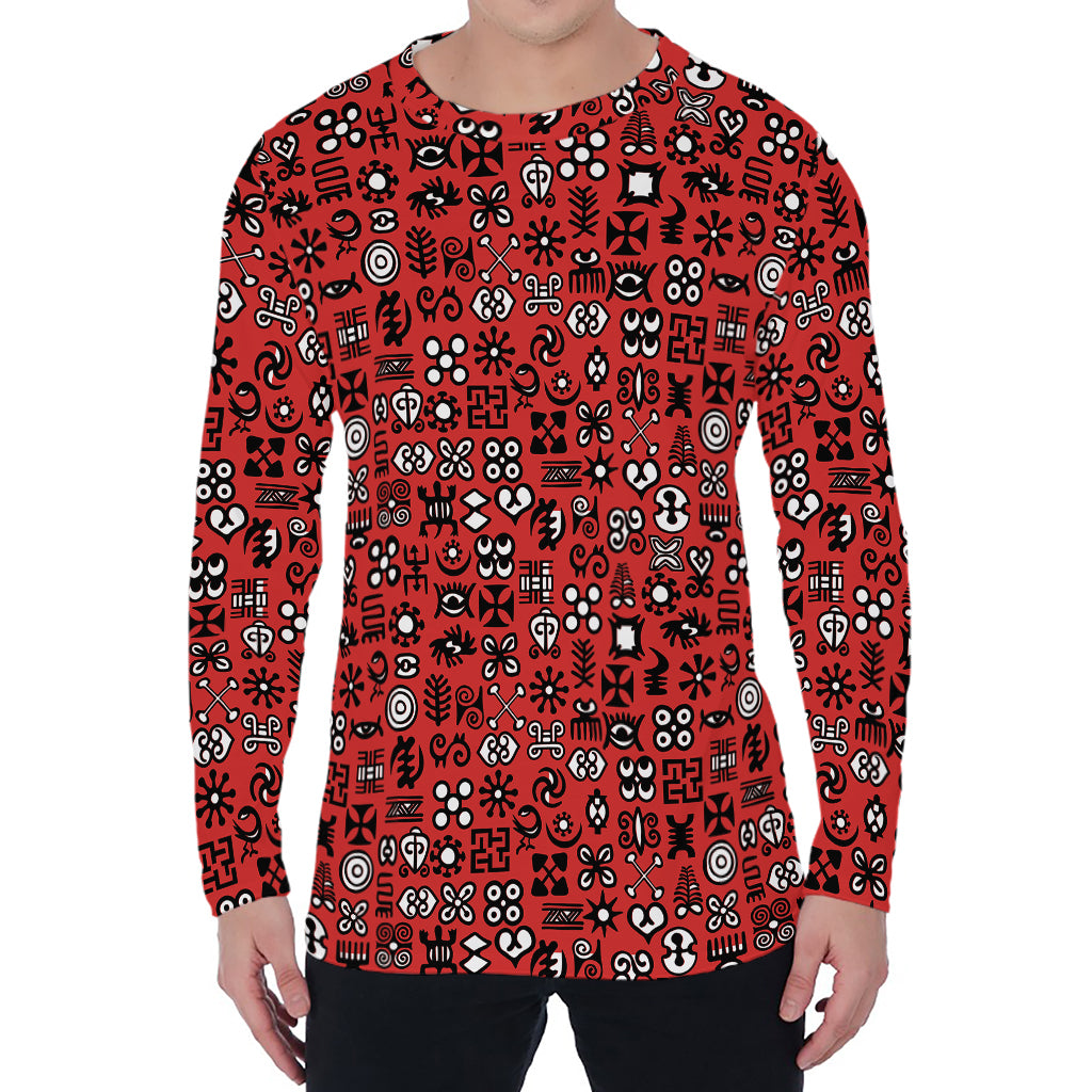 Red Adinkra Tribe Symbols Print Men's Long Sleeve T-Shirt