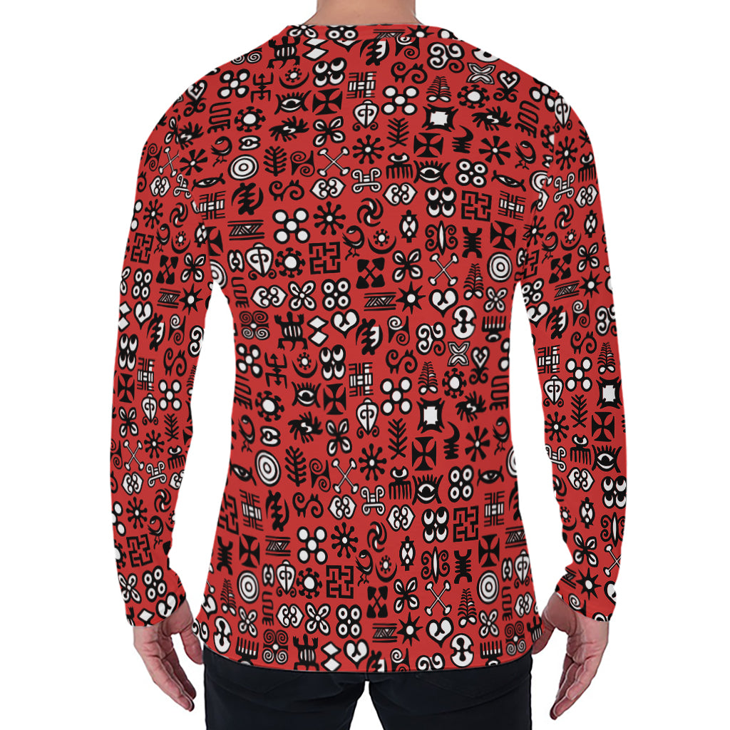 Red Adinkra Tribe Symbols Print Men's Long Sleeve T-Shirt