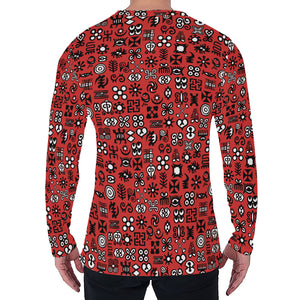 Red Adinkra Tribe Symbols Print Men's Long Sleeve T-Shirt