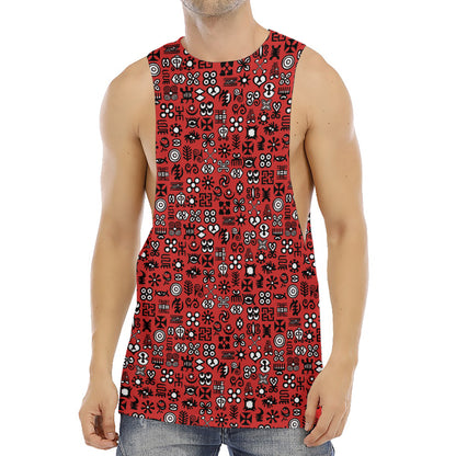 Red Adinkra Tribe Symbols Print Men's Muscle Tank Top