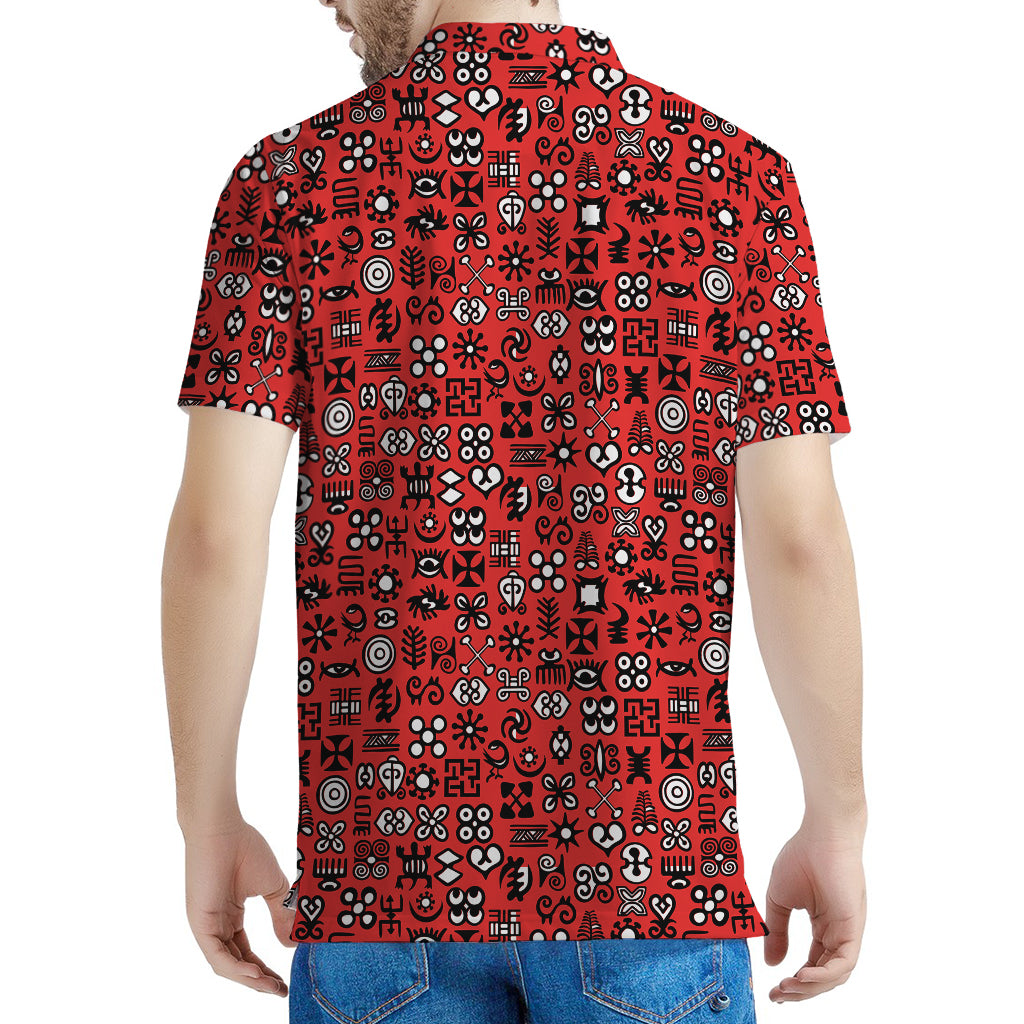 Red Adinkra Tribe Symbols Print Men's Polo Shirt