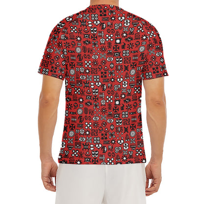 Red Adinkra Tribe Symbols Print Men's Short Sleeve Rash Guard