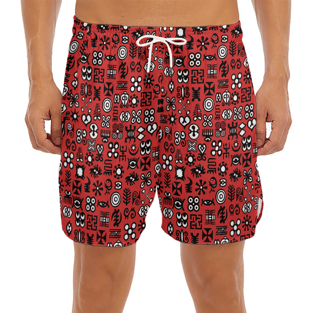 Red Adinkra Tribe Symbols Print Men's Split Running Shorts