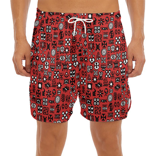 Red Adinkra Tribe Symbols Print Men's Split Running Shorts