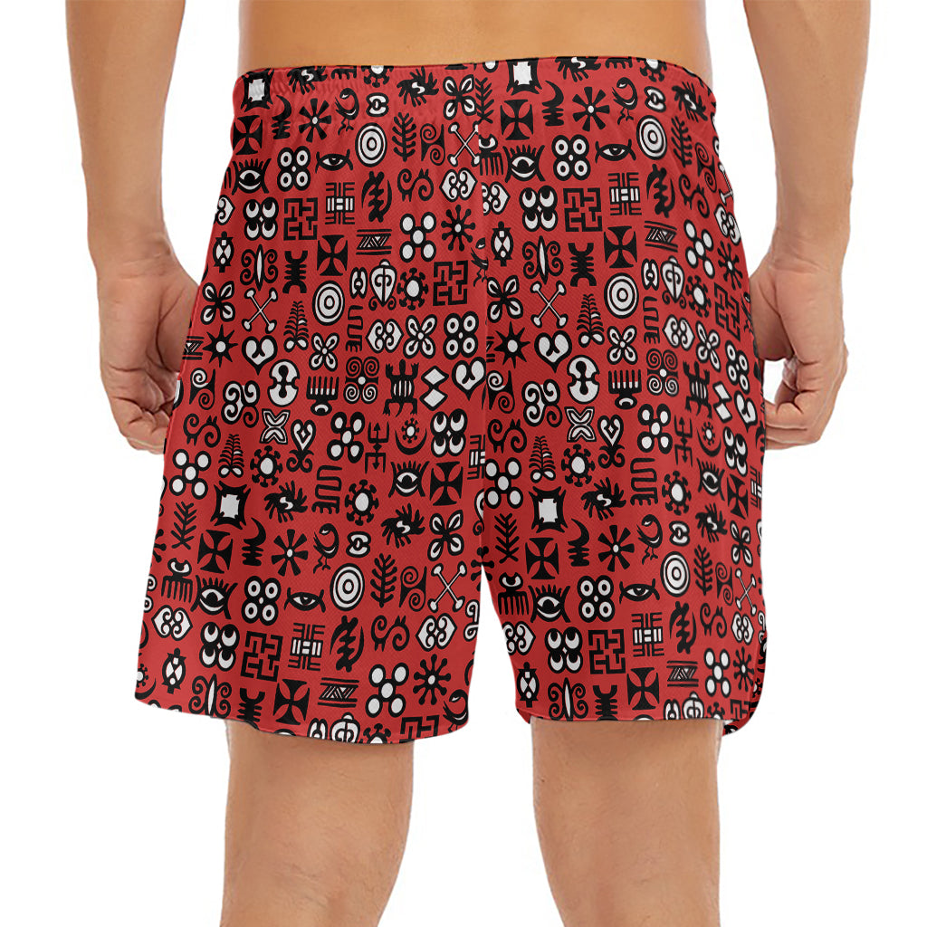 Red Adinkra Tribe Symbols Print Men's Split Running Shorts