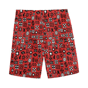 Red Adinkra Tribe Symbols Print Men's Sports Shorts