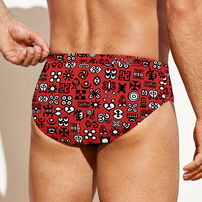Red Adinkra Tribe Symbols Print Men's Swim Briefs