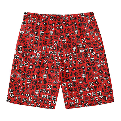 Red Adinkra Tribe Symbols Print Men's Swim Trunks