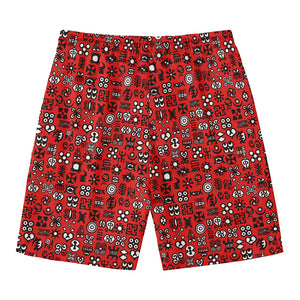 Red Adinkra Tribe Symbols Print Men's Swim Trunks