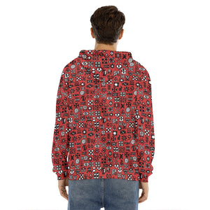 Red Adinkra Tribe Symbols Print Men's Velvet Pullover Hoodie