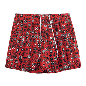 Red Adinkra Tribe Symbols Print Mesh Shorts