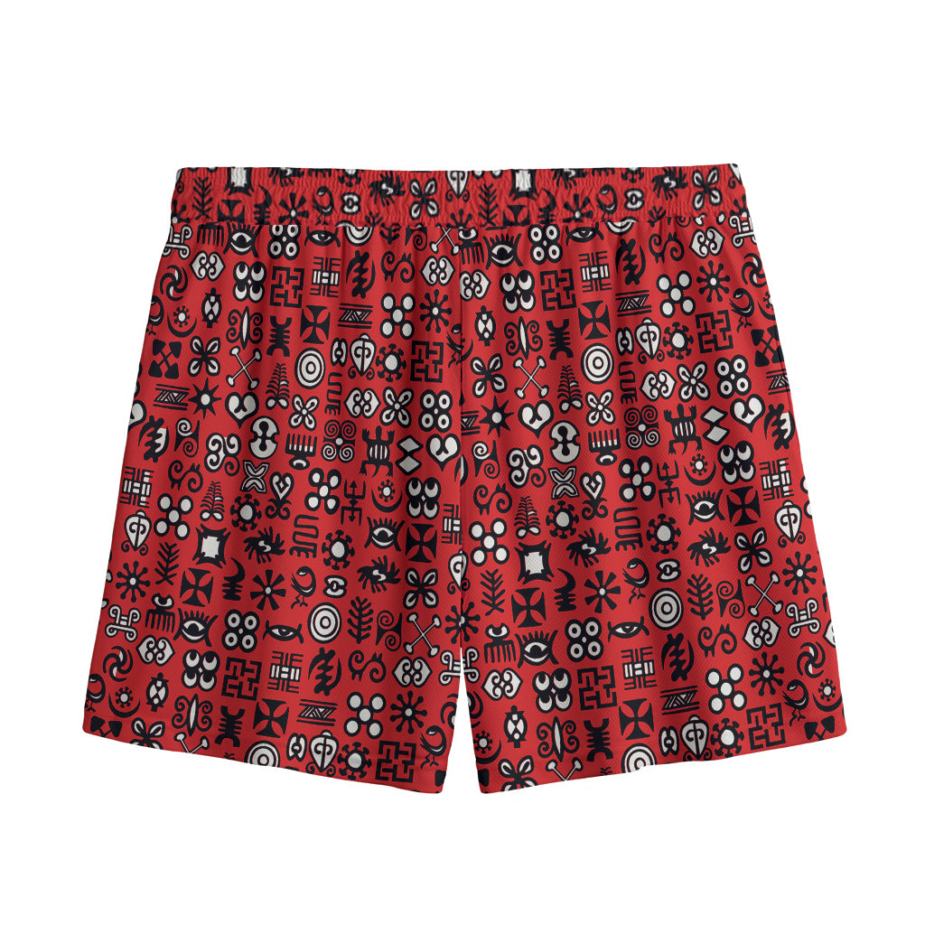 Red Adinkra Tribe Symbols Print Mesh Shorts