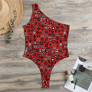 Red Adinkra Tribe Symbols Print One Shoulder Bodysuit