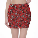 Red Adinkra Tribe Symbols Print Pencil Mini Skirt
