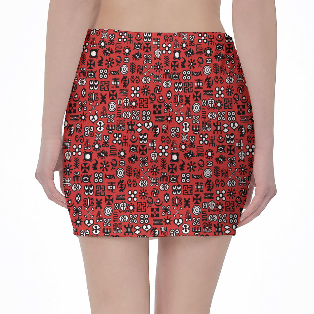 Red Adinkra Tribe Symbols Print Pencil Mini Skirt