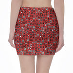 Red Adinkra Tribe Symbols Print Pencil Mini Skirt