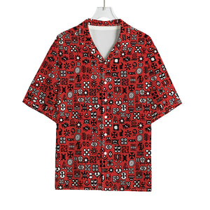 Red Adinkra Tribe Symbols Print Rayon Hawaiian Shirt