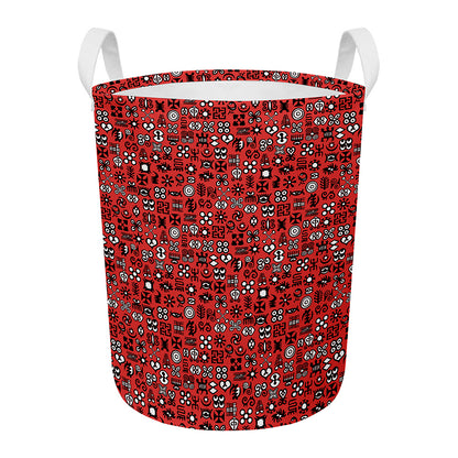 Red Adinkra Tribe Symbols Print Round Laundry Basket