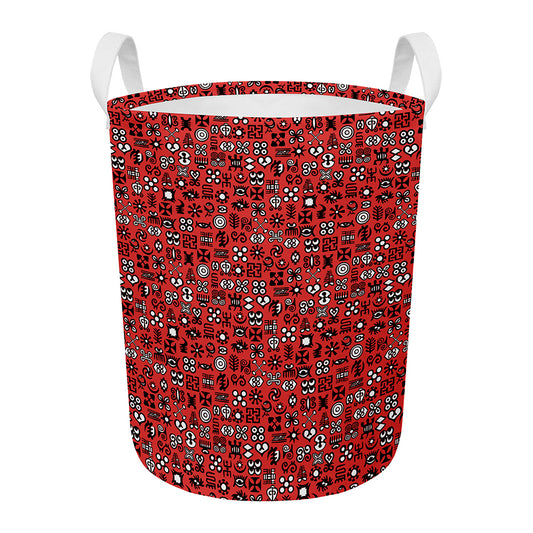 Red Adinkra Tribe Symbols Print Round Laundry Basket