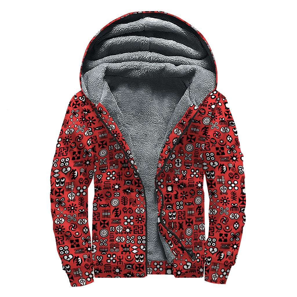 Red Adinkra Tribe Symbols Print Sherpa Lined Zip Up Hoodie