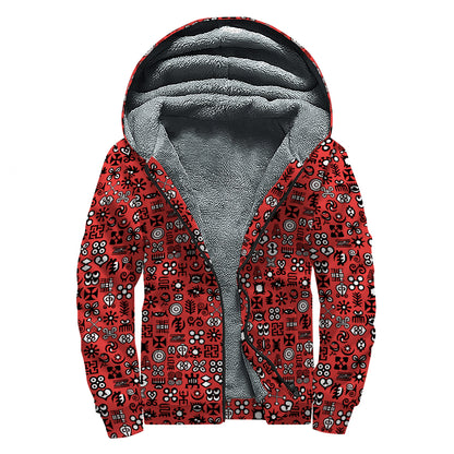 Red Adinkra Tribe Symbols Print Sherpa Lined Zip Up Hoodie