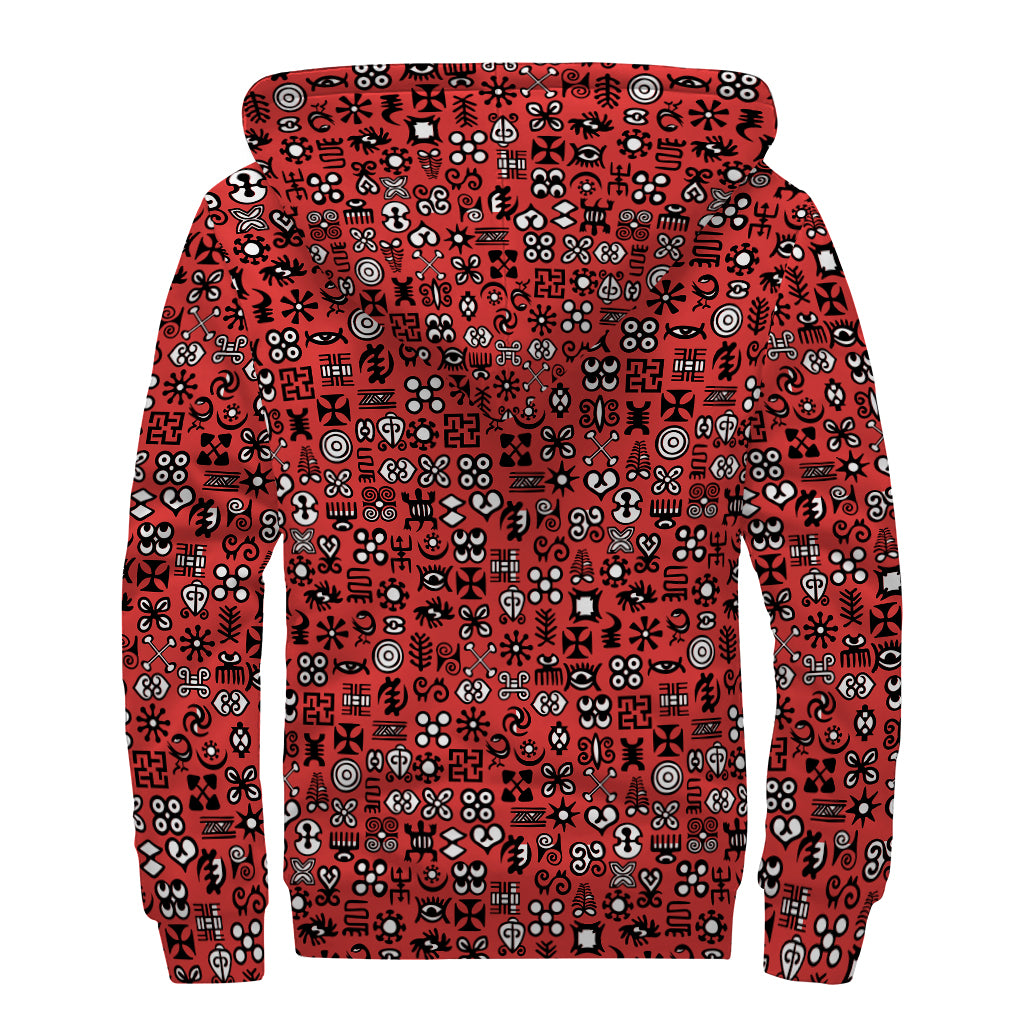 Red Adinkra Tribe Symbols Print Sherpa Lined Zip Up Hoodie