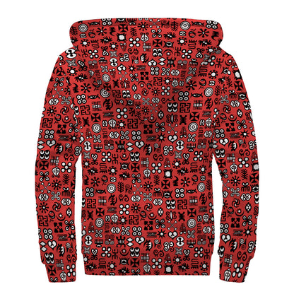 Red Adinkra Tribe Symbols Print Sherpa Lined Zip Up Hoodie