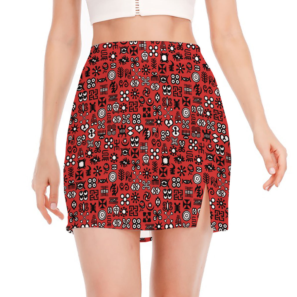 Red Adinkra Tribe Symbols Print Side Slit Mini Skirt