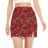 Red Adinkra Tribe Symbols Print Side Slit Mini Skirt