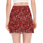 Red Adinkra Tribe Symbols Print Side Slit Mini Skirt