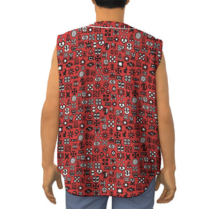 Red Adinkra Tribe Symbols Print Sleeveless Baseball Jersey