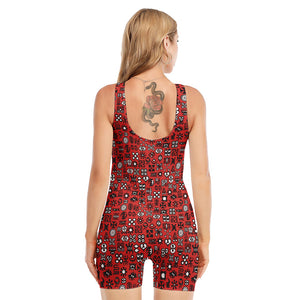 Red Adinkra Tribe Symbols Print Sleeveless One Piece Swimsuit