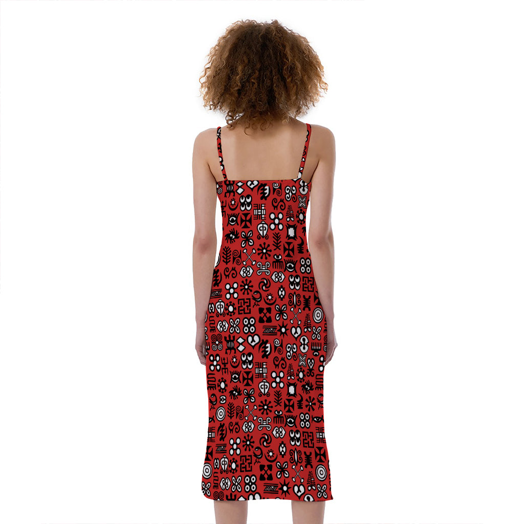 Red Adinkra Tribe Symbols Print Slim Fit Midi Cami Dress